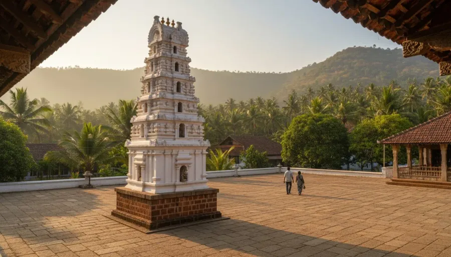 Multi-tiered whitewashed lamp tower in a stone temple courtyard framed by lush forested hills in Ponda, Goa.