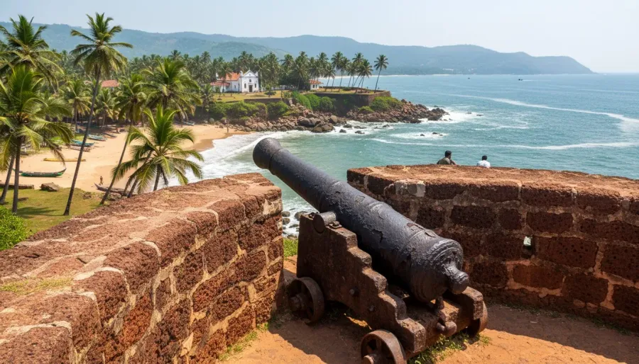 Weathered red laterite fort wall and an antique iron cannon facing outward to the blue Arabian Sea in Goa.