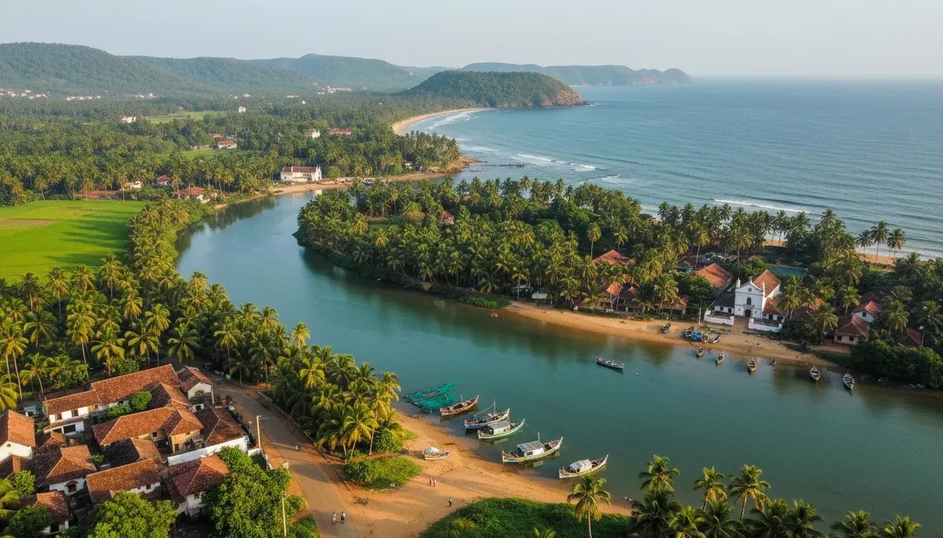Elevated panoramic view of the Mandovi River estuary, coastal coconut palms, and tiled rooftops in morning light.