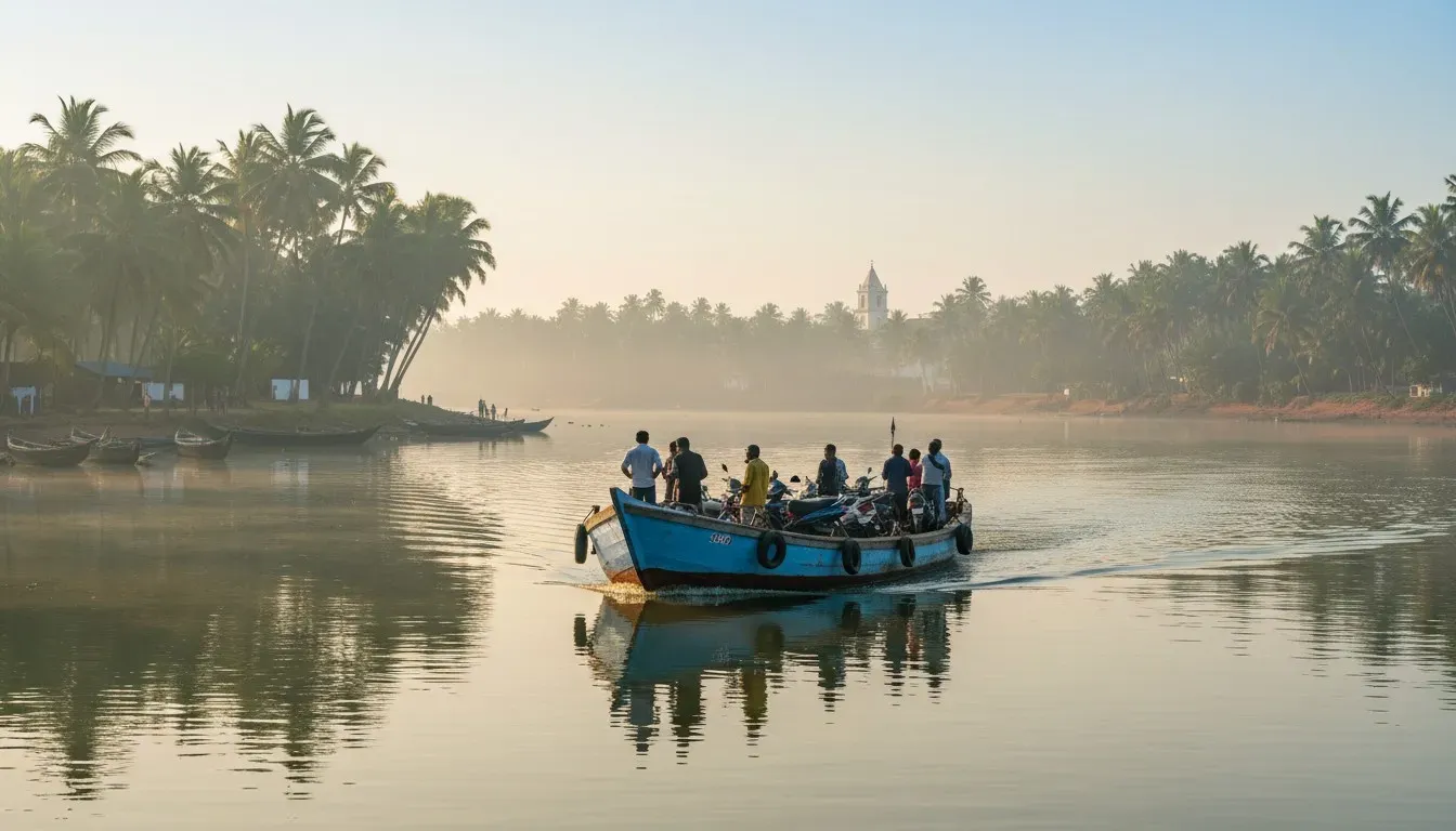A traditional river ferry carrying passengers and scooters across a calm Goan estuary lined with palms.