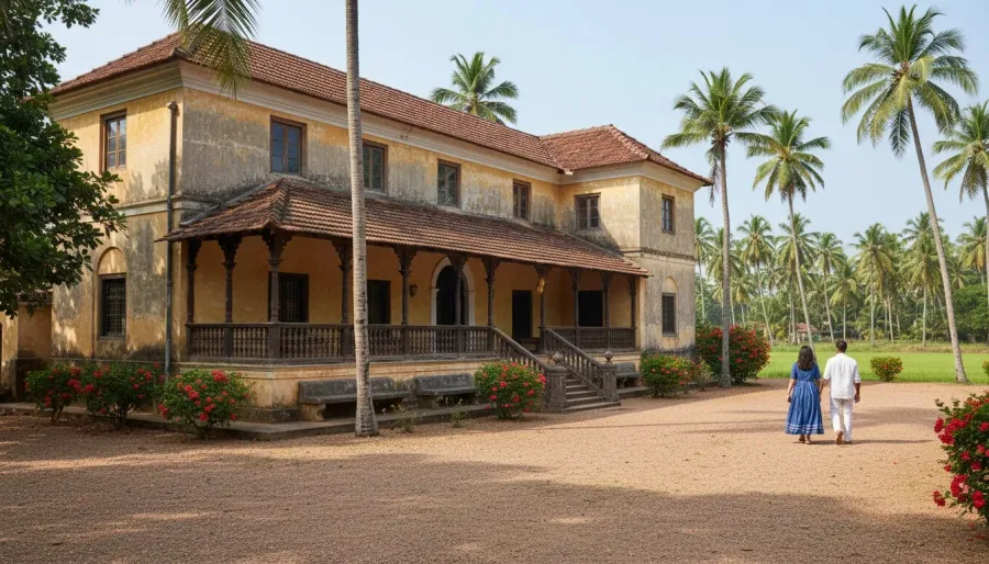 Colonial-era Goan mansion with an ochre facade, red tiled roof, and pillared veranda surrounded by palms.