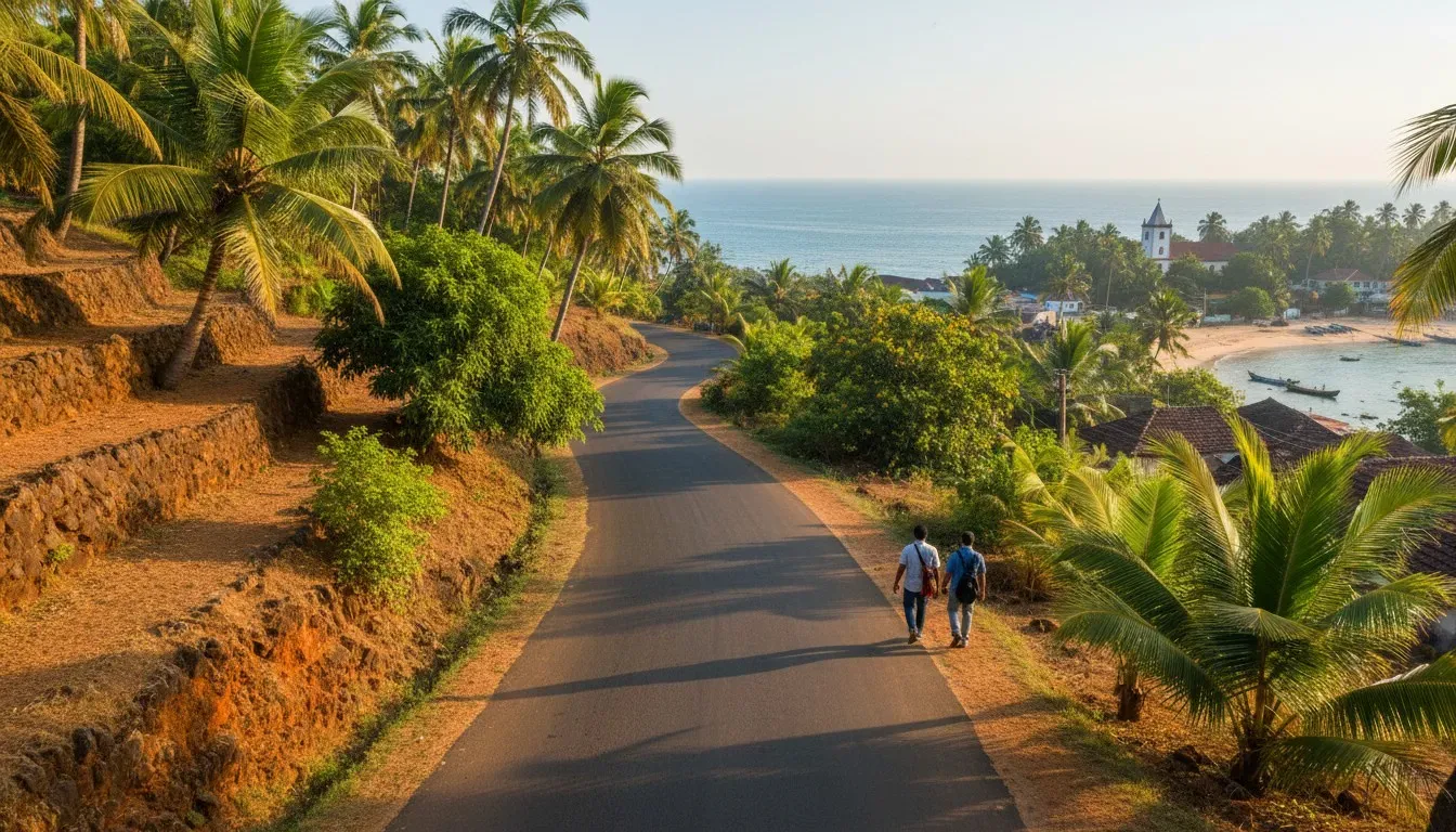 Paved road winding past coconut groves and red laterite soil toward the distant Arabian Sea in Goa.