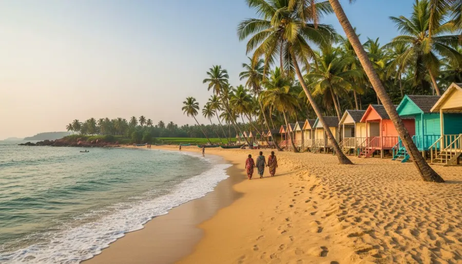 Brightly painted wooden beach cottages nestled among palm trees along the golden sand of a South Goa bay.
