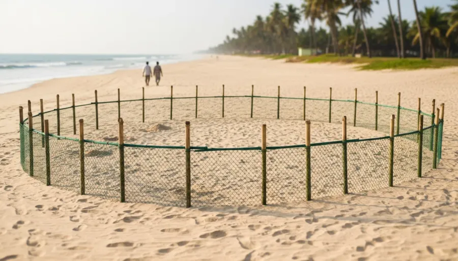 Wire mesh protective turtle hatchery enclosure on the upper sand of Agonda Beach in morning light.