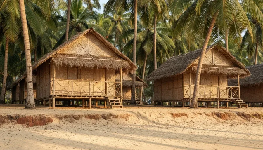 Temporary wooden beach cottages with thatched roofs built under coconut palms along Agonda Beach.