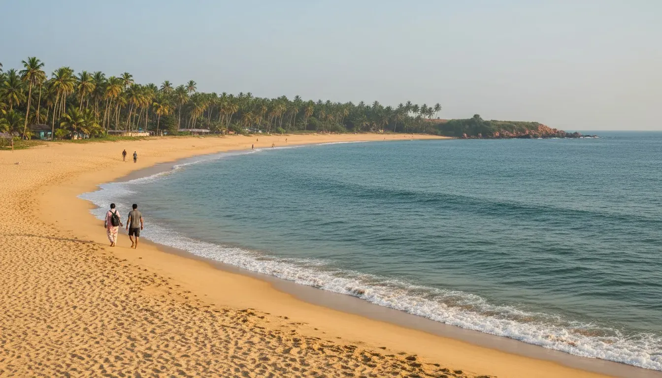 Sweeping wide view of Agonda Beach with rolling ocean waves and a distant rocky headland in South Goa.