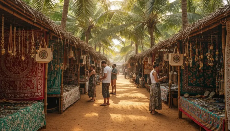 Vibrant textiles and handmade crafts hanging from bamboo market stalls shaded by coconut palms.