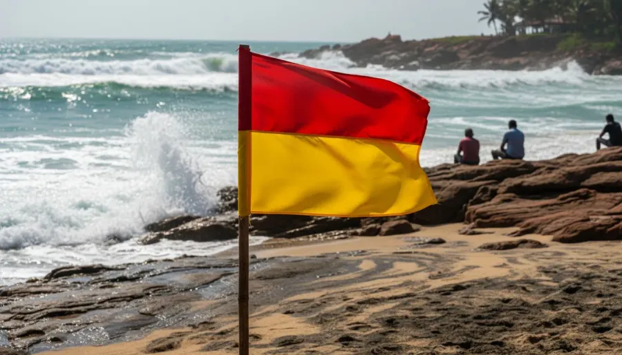 Red and yellow lifeguard beach safety flag planted in damp sand beside dark laterite rocks and rolling waves.