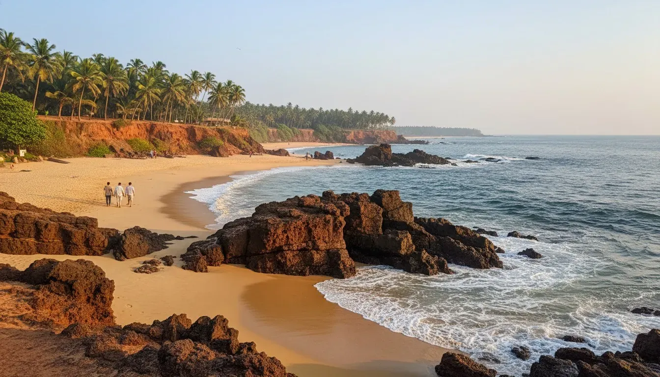 Dark red laterite rocks on golden sand beach with waves crashing and palm trees on low cliffs.