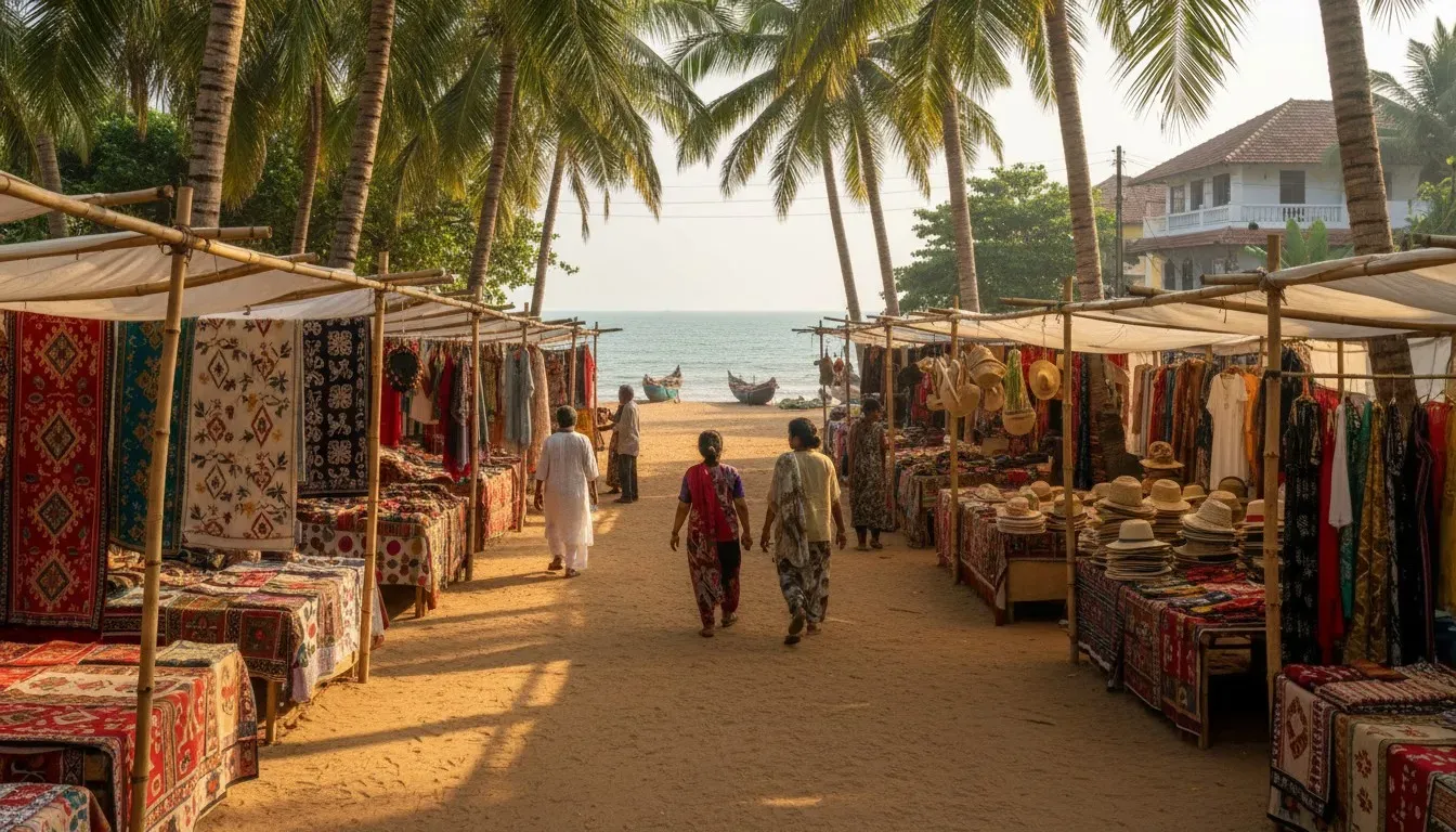 Open-air market stalls under coconut palms with vibrant clothing and textiles on a sandy coastal ground.