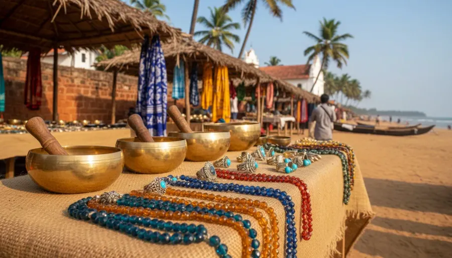Handcrafted silver rings, turquoise stones, and brass bowls arranged on a market table in dappled sunlight.