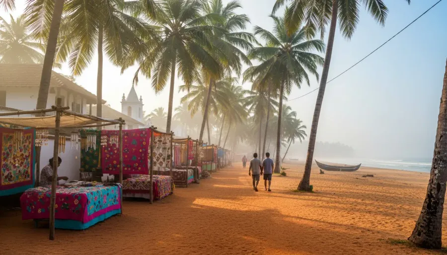 Early morning sunlight over a sandy market pathway lined with wooden craft stalls and coconut palms.