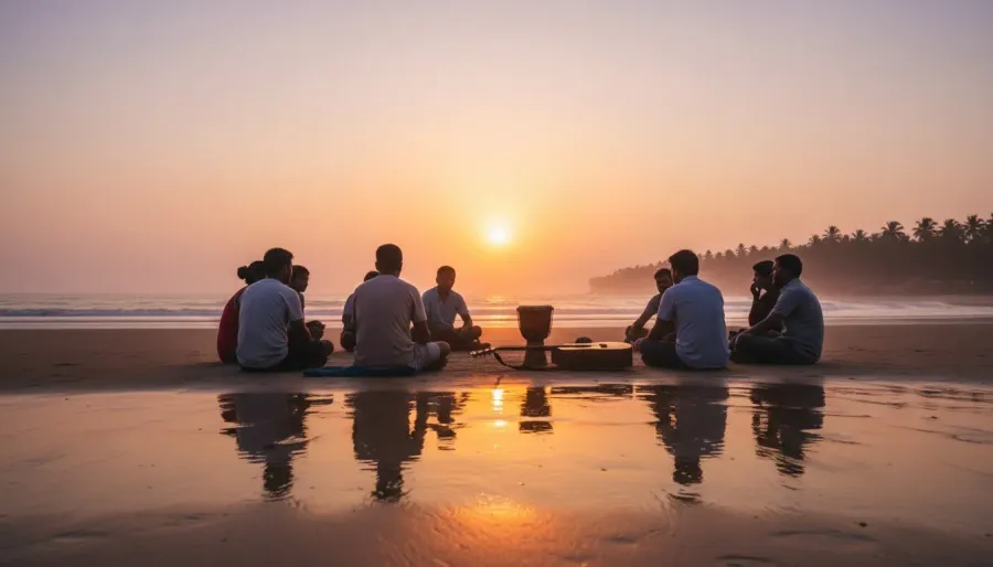 People gathered in an informal drum circle on the reflective wet beach sand during a vibrant sunset at Arambol