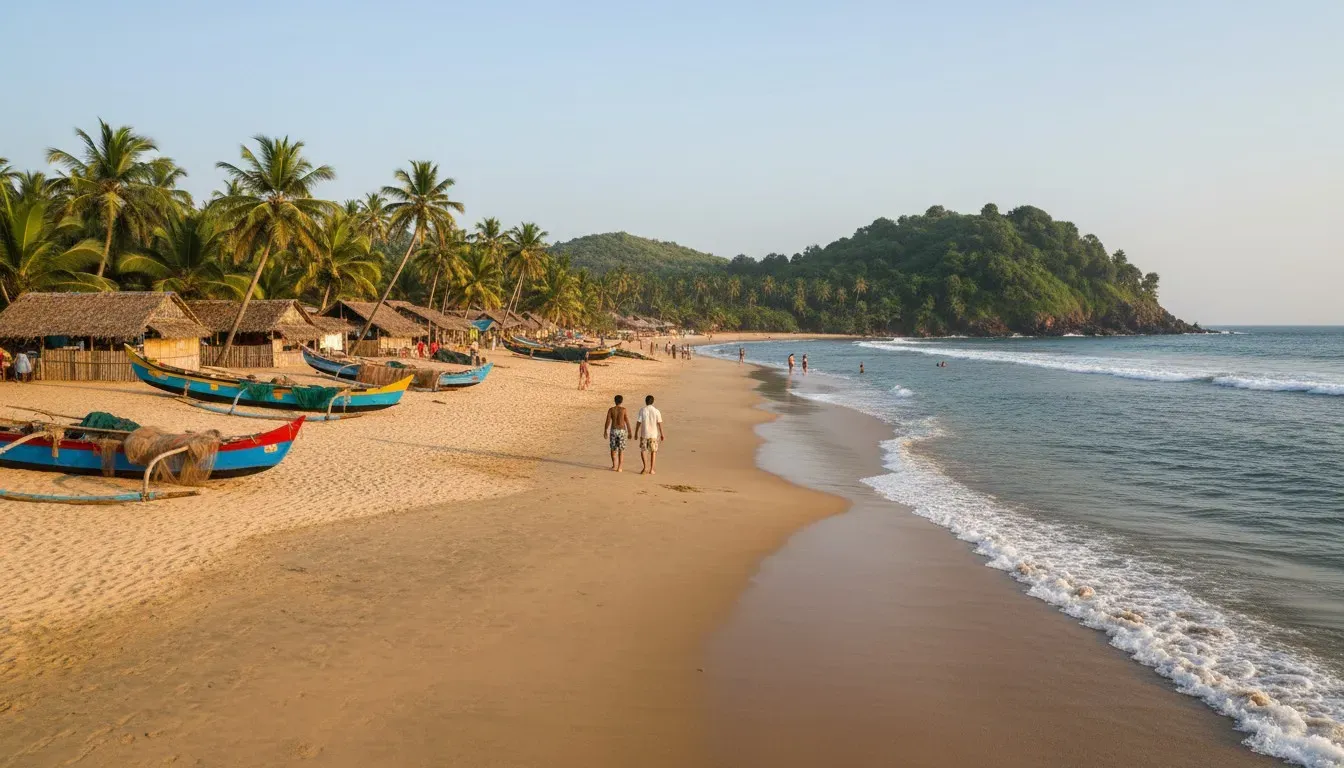 Wide view of Arambol Beach looking toward the northern rocky headland under coconut palms and warm sunlight