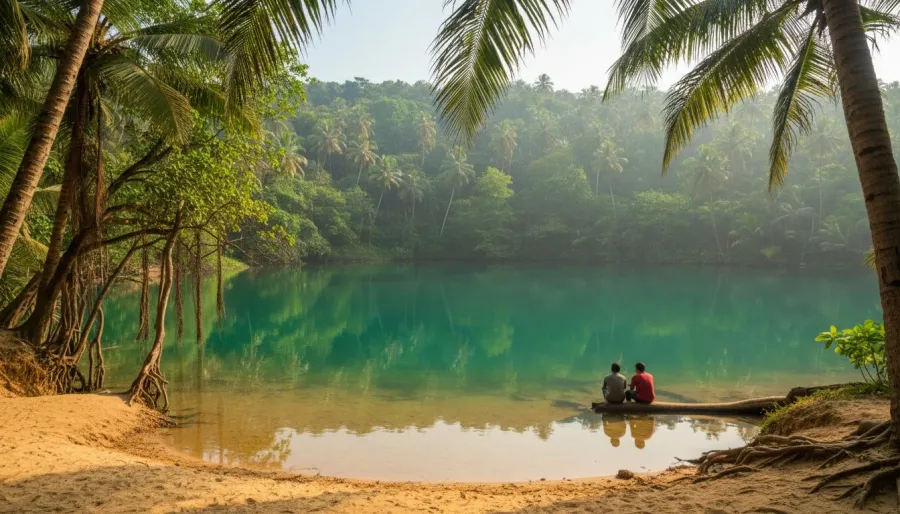 Calm freshwater lagoon surrounded by lush green jungle hills and golden sand near Arambol