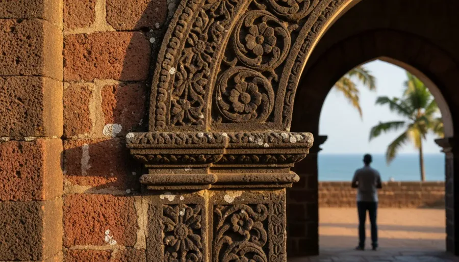 Weathered floral relief carving in dark basalt stone set into a porous red laterite church wall.