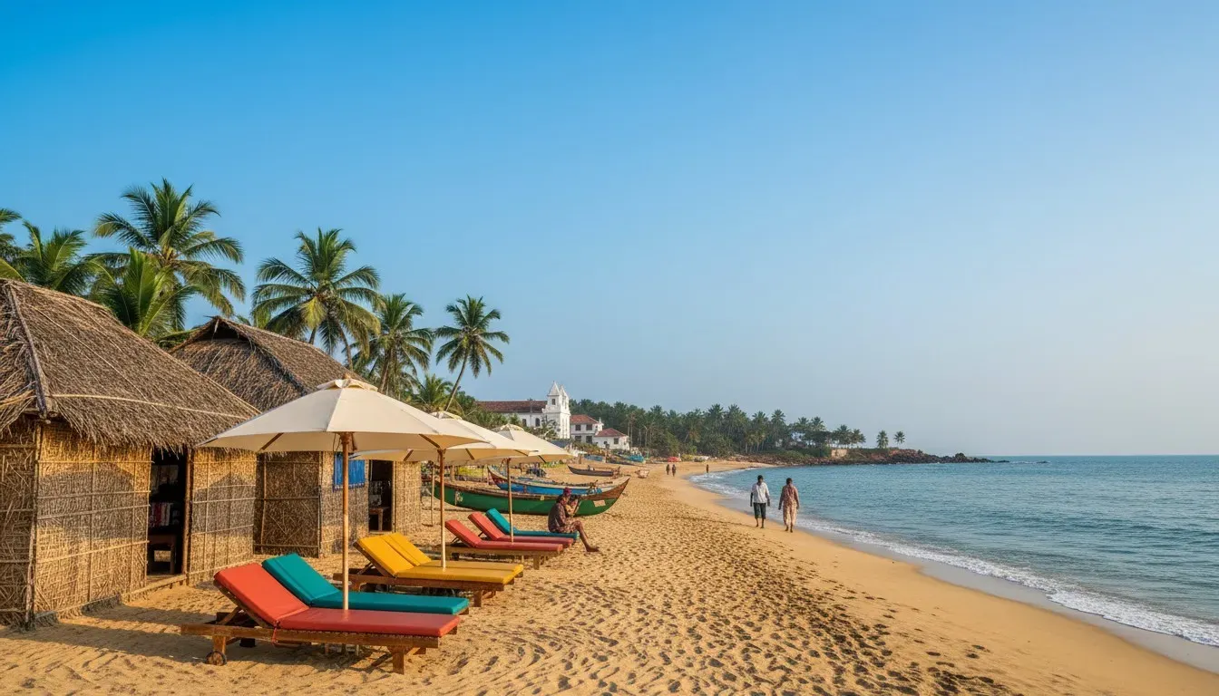 Rustic thatched palm beach shacks and lounge chairs on a sunlit golden sand beach in Goa under clear skies.