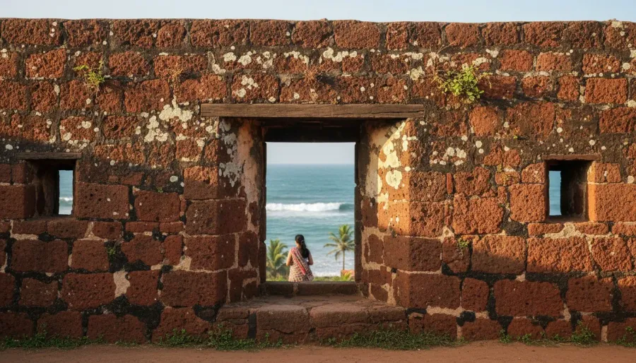 Weathered red laterite stone fortification wall with a defensive embrasure framing distant ocean waves.