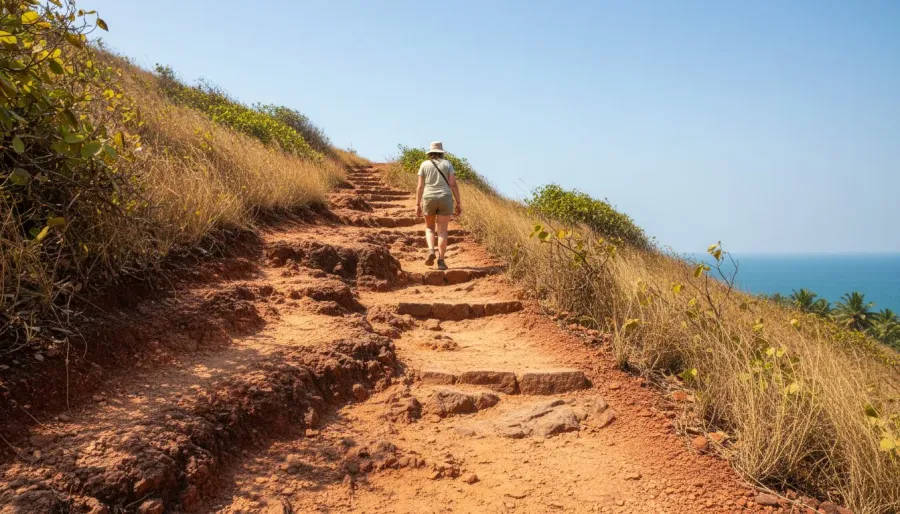 Steep footpath of rough red laterite stone and gravel winding up a sunlit hillside dotted with dry scrub.