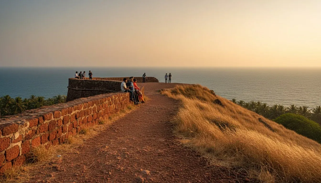 Visitors walking along weathered red laterite stone ramparts overlooking the calm Arabian Sea at golden hour.