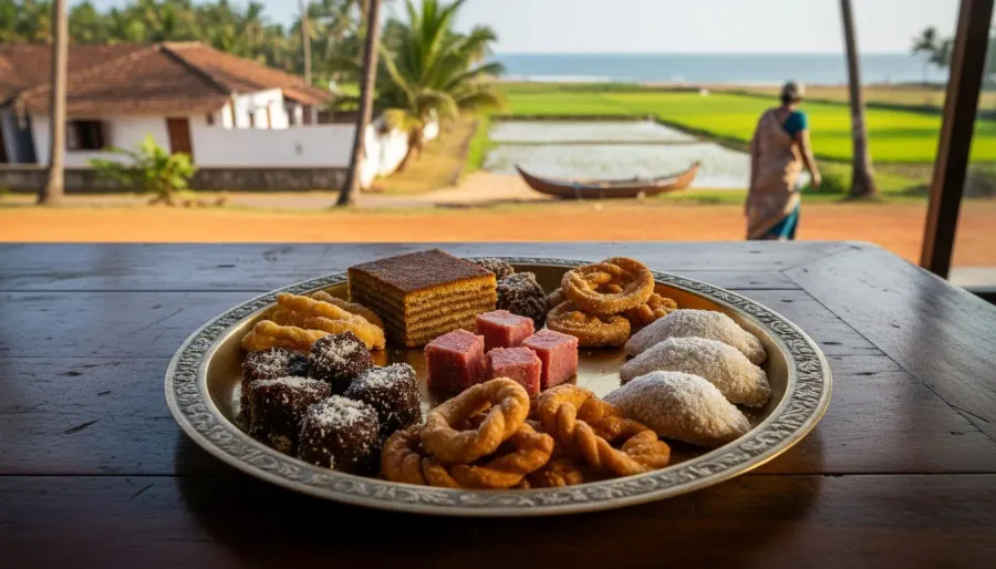 A traditional Goan Christmas sweets platter with layered bebinca, dodol, and curled kulkuls on a brass tray.