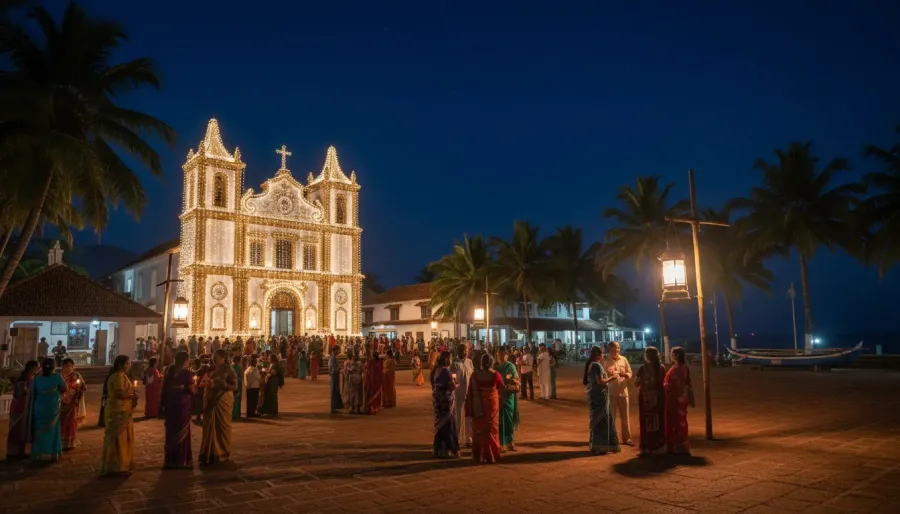 Worshippers gathering in the glowing courtyard of a brightly lit whitewashed church for midnight mass.