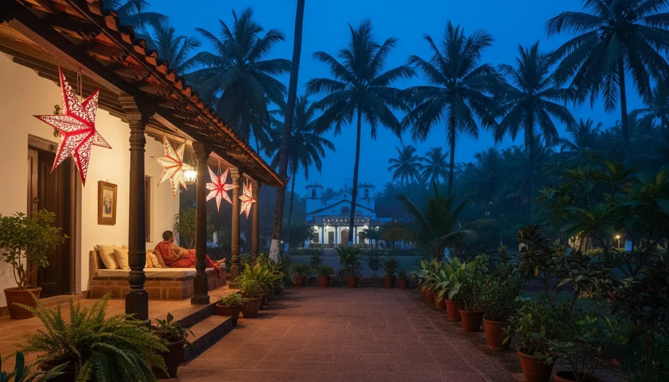 Glowing paper star lanterns hanging from the tiled porch roof of a traditional Goan home at dusk.