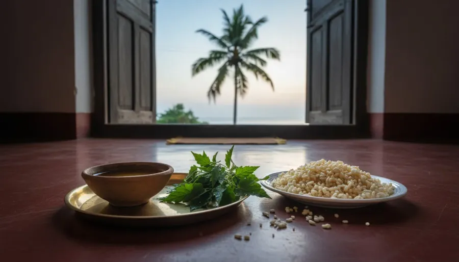 Brass tray with oil, bitter karit leaves and puffed rice on a Goan doorstep at dawn