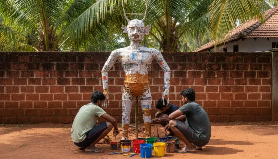 Young men building a bamboo and papier-mâché demon effigy in a Goan village yard
