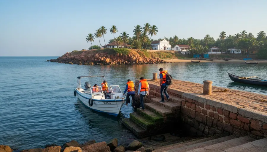 Passengers boarding a coastal excursion boat from a stone jetty near red laterite sea cliffs in Goa.