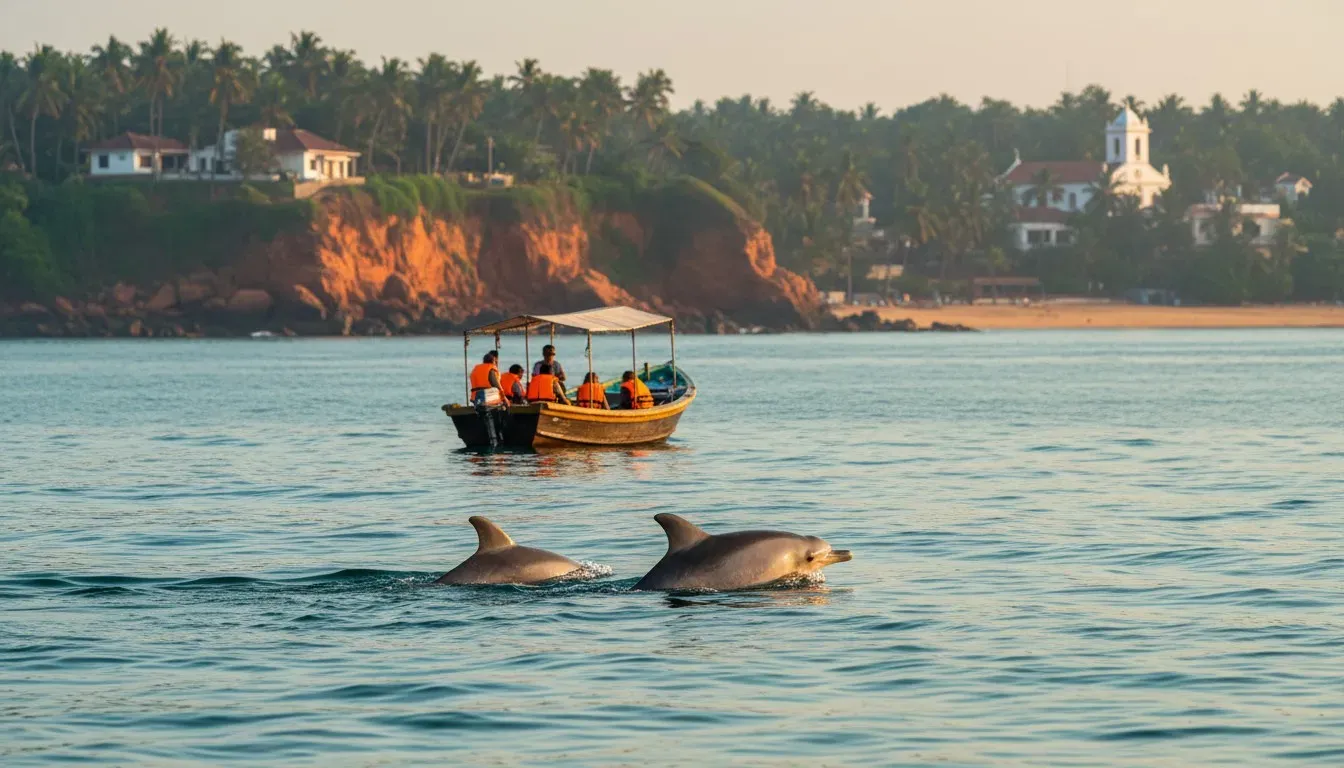 Humpback dolphins surfacing in calm coastal waters near a tourist boat along the Goa shoreline.