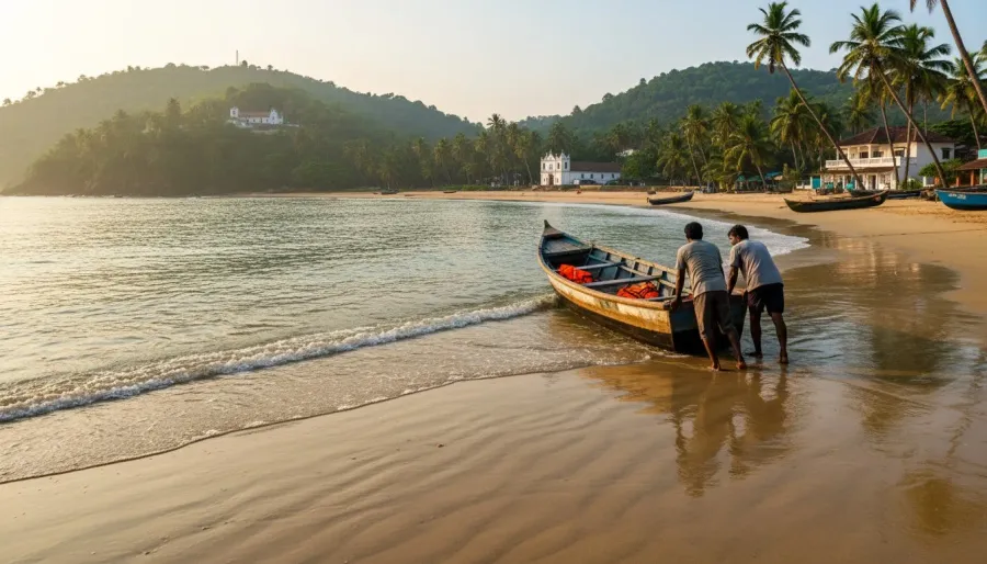 Boatmen preparing an excursion boat along the gentle shore of a South Goa bay in morning light.