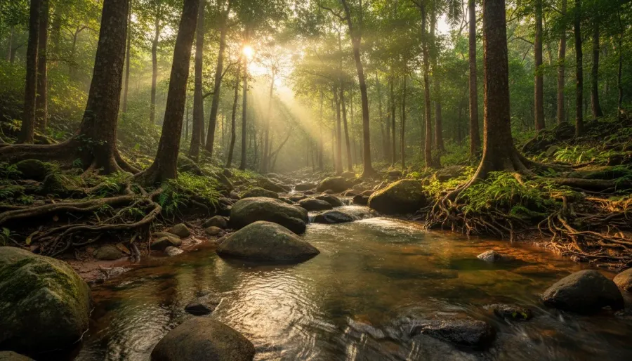 Golden sunbeams piercing through dense jungle canopy onto a clear stream flowing over smooth boulders.
