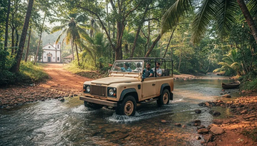 Safari jeep crossing a shallow rocky riverbed on an unpaved forest track in Goa's wildlife sanctuary.