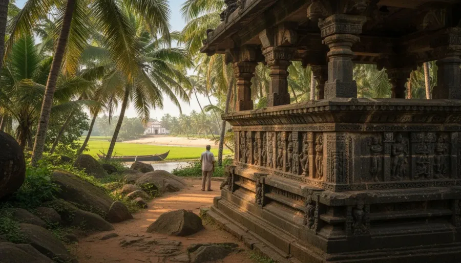 Detailed black basalt stone carvings and pillars of a secluded forest temple surrounded by lush green foliage.