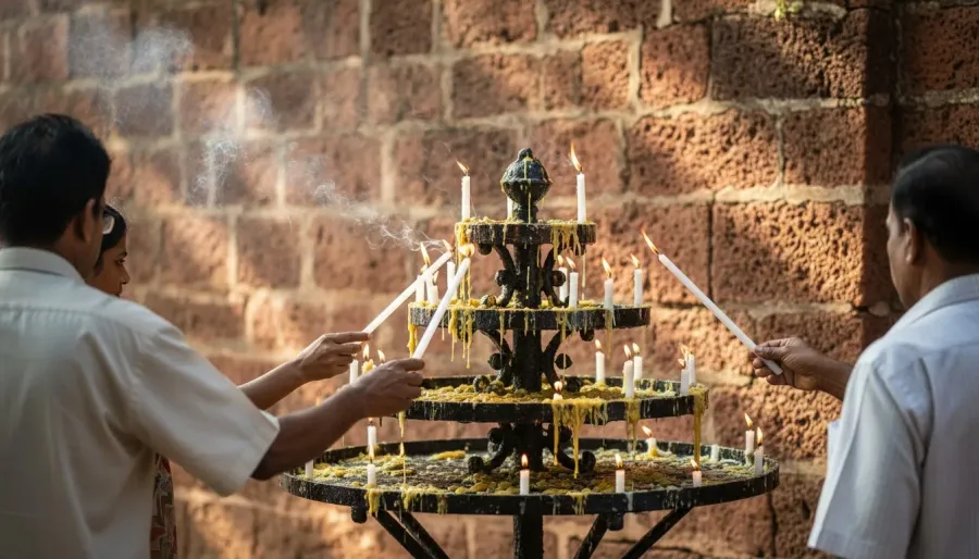 Slender white wax candles burning on a tiered iron stand outdoors against a textured red laterite wall.