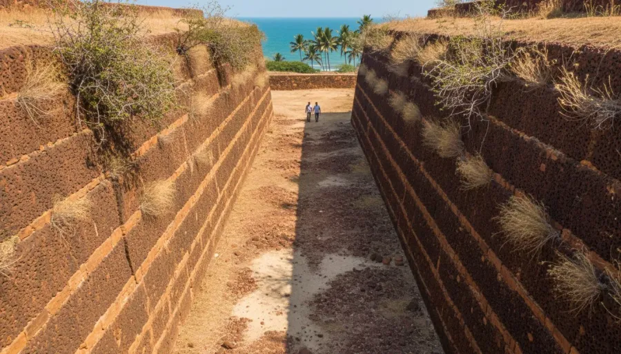 Deep dry moat carved into textured red laterite stone along historic coastal defensive walls.