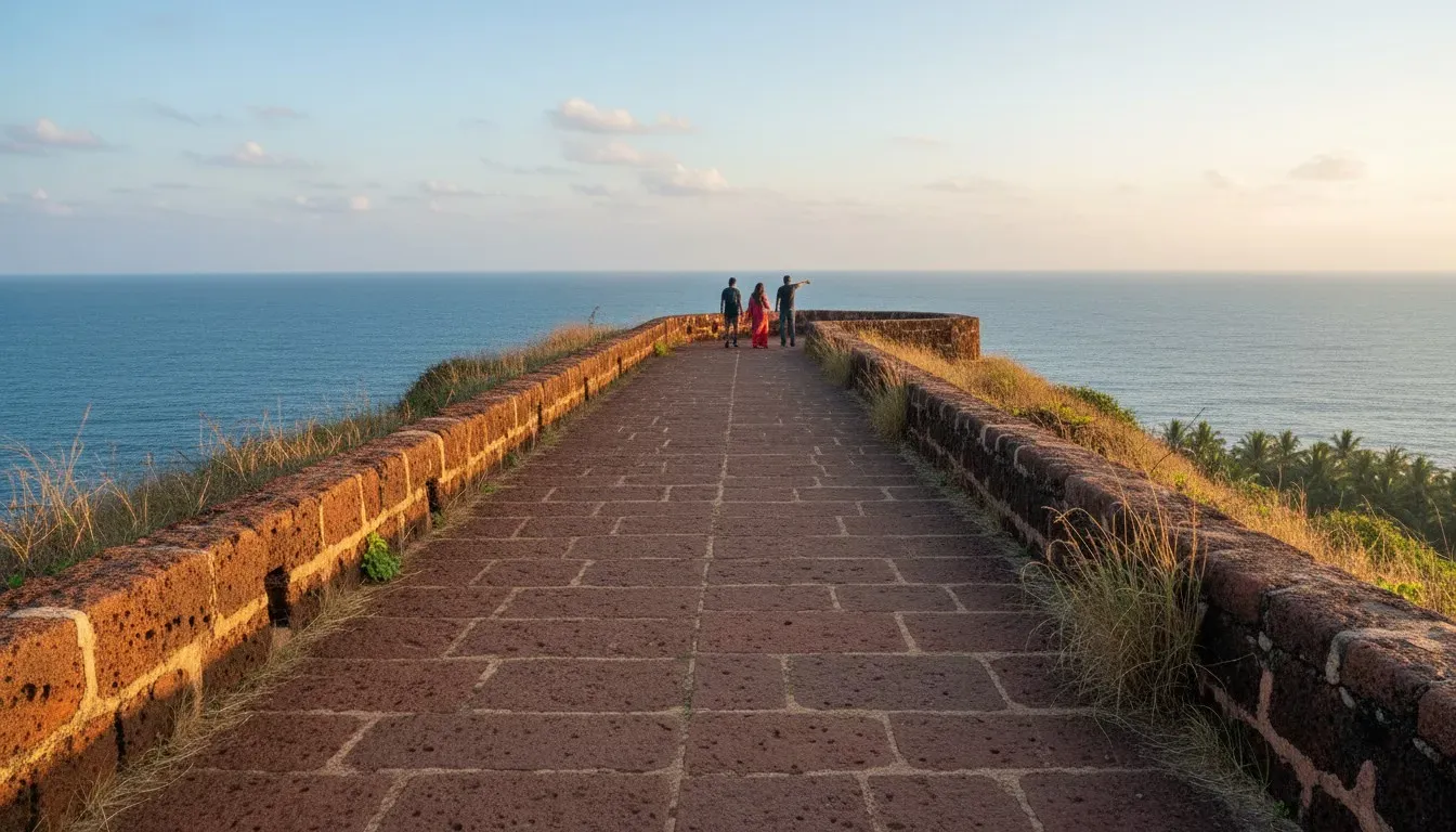 Red laterite stone ramparts and walkway atop a sunlit coastal cliff overlooking the Arabian Sea.