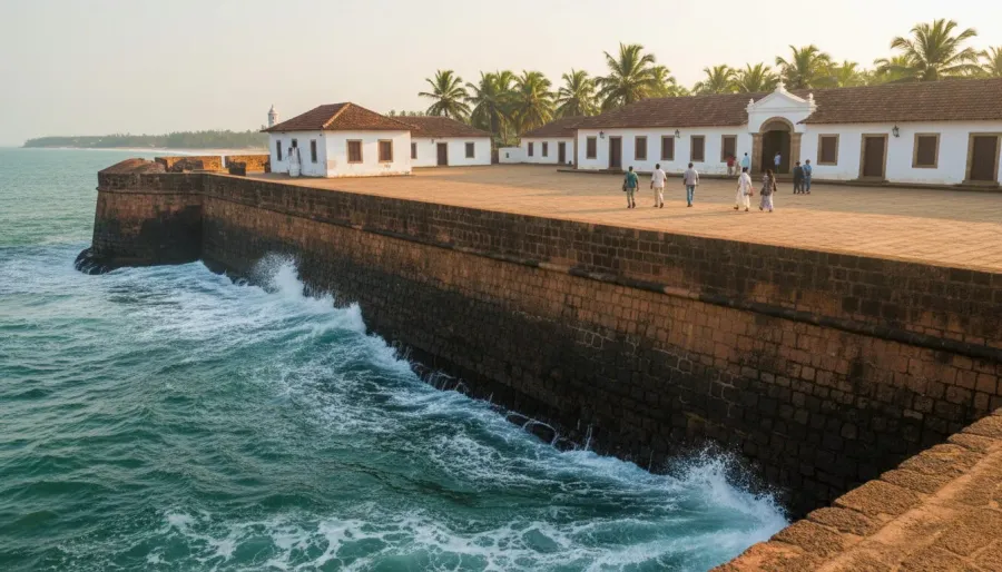 Sea-level laterite stone seawall and restored heritage buildings beside crashing ocean waves.