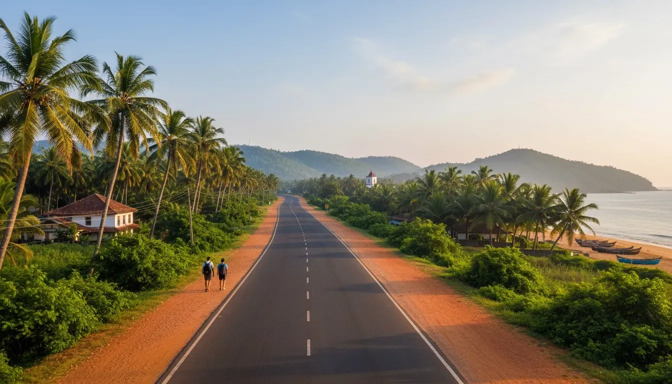 A sunlit asphalt road cutting through lush green coconut palm groves and red laterite soil in rural Goa.