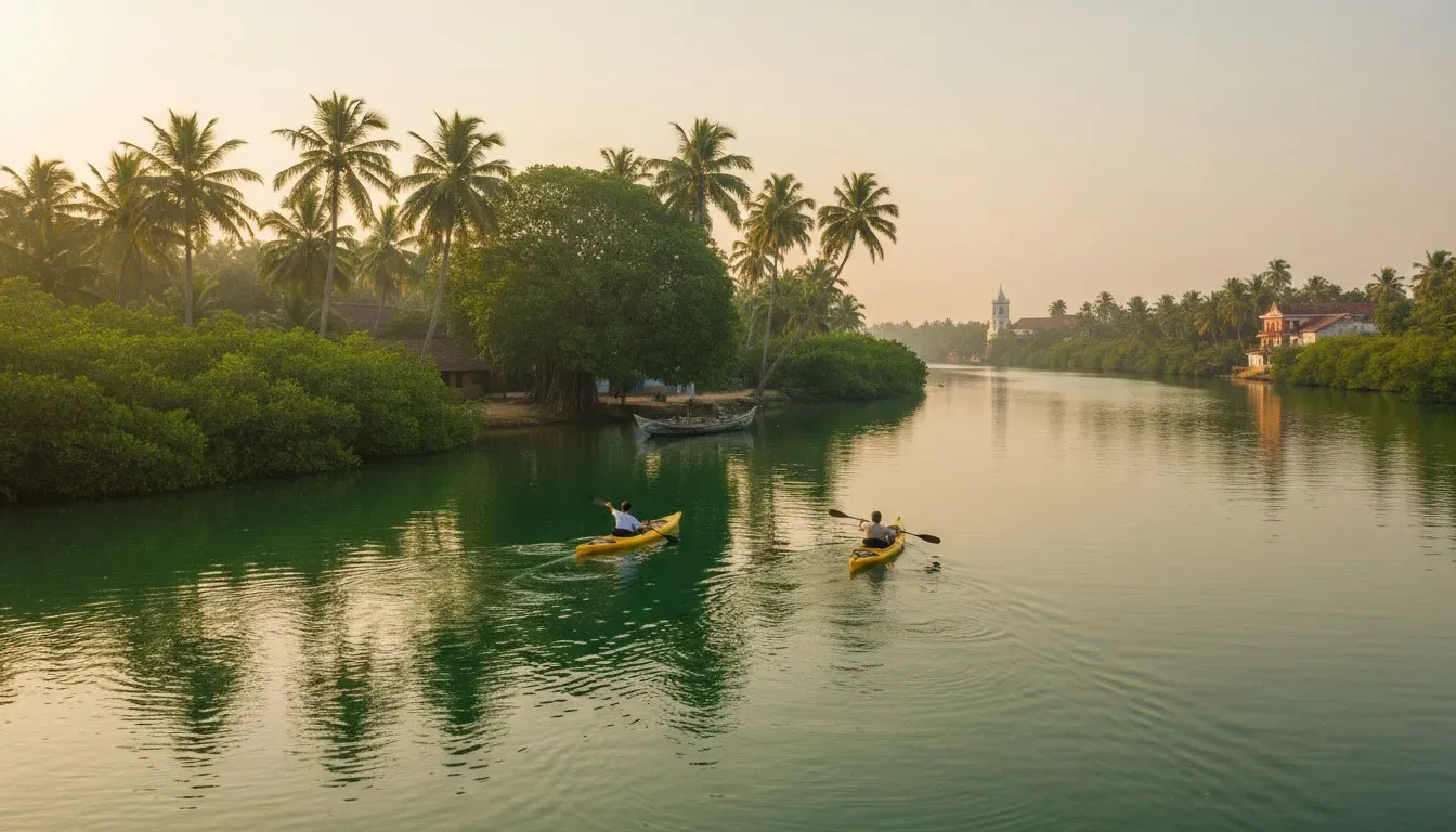 Kayakers paddling through tranquil Goan backwaters surrounded by dense mangrove trees and coconut palms in early morning light.