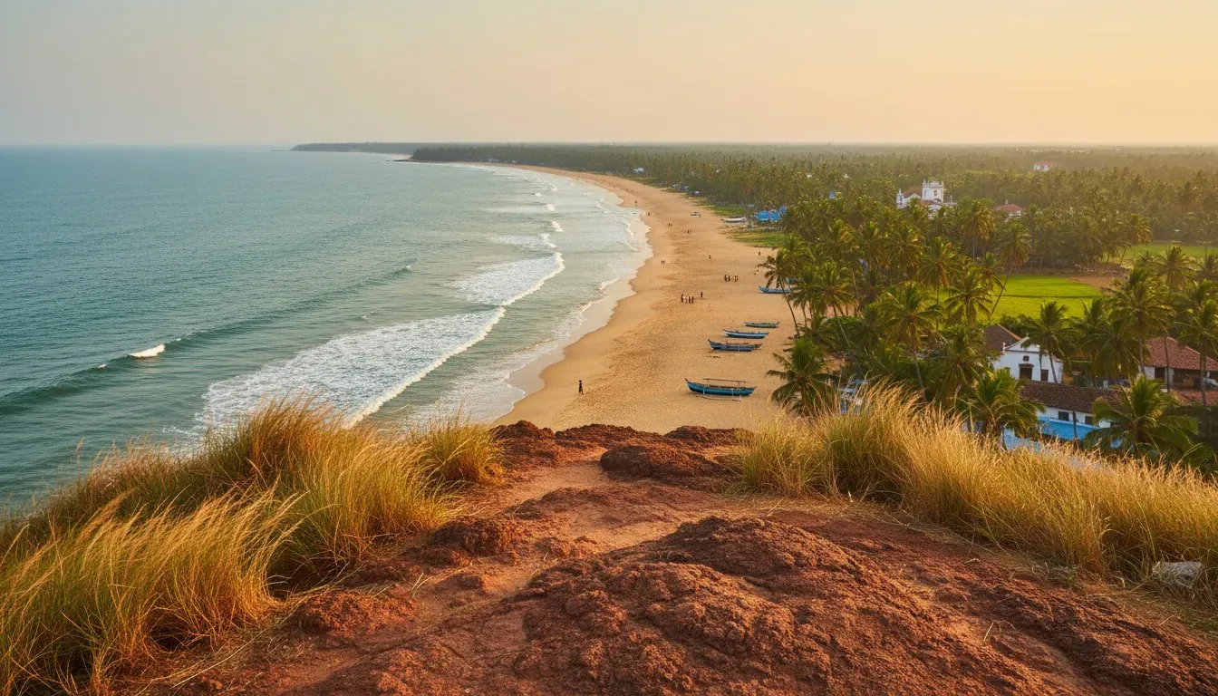 High-angle view from a red laterite cliff overlooking a sweeping sandy bay lined with coconut palms in Goa.