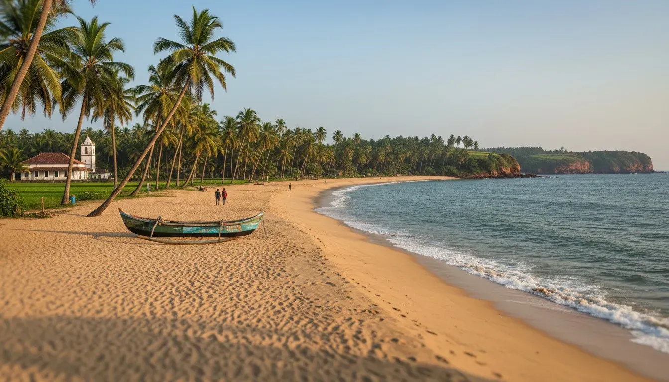 Wide crescent sandy beach in Goa bordered by tall leaning coconut palms and the gentle Arabian Sea surf at dusk.