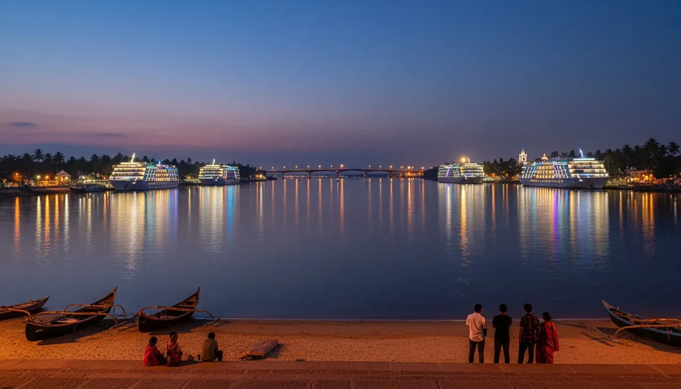 Large multi-deck casino ships anchored with glowing deck lights on the calm Mandovi River at twilight.