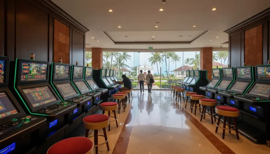 Digital gaming consoles and slot machine screens inside a luxury five-star hotel gaming lounge in Goa.