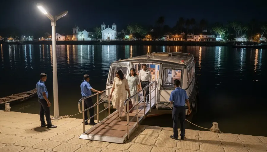 Evening boarding jetty on the Mandovi River with a feeder boat waiting to ferry passengers to offshore casino ships.