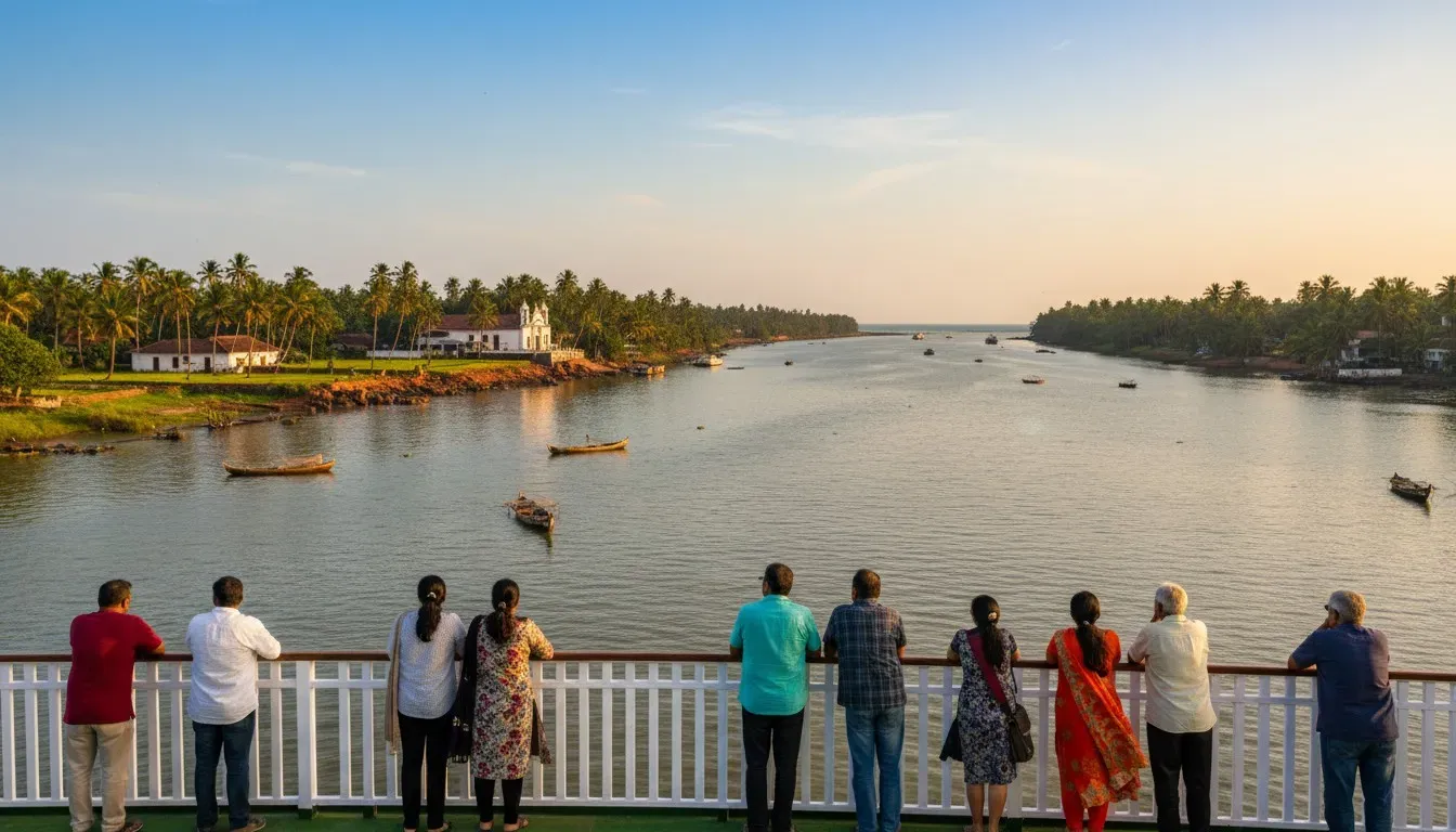 Passengers on the upper open-air deck of a river cruise boat looking across the wide Mandovi River at sunset.