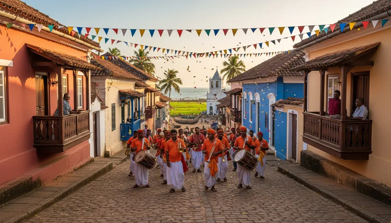Festive street procession with musicians and colourful bunting strung between tiled Goan houses in warm afternoon light.