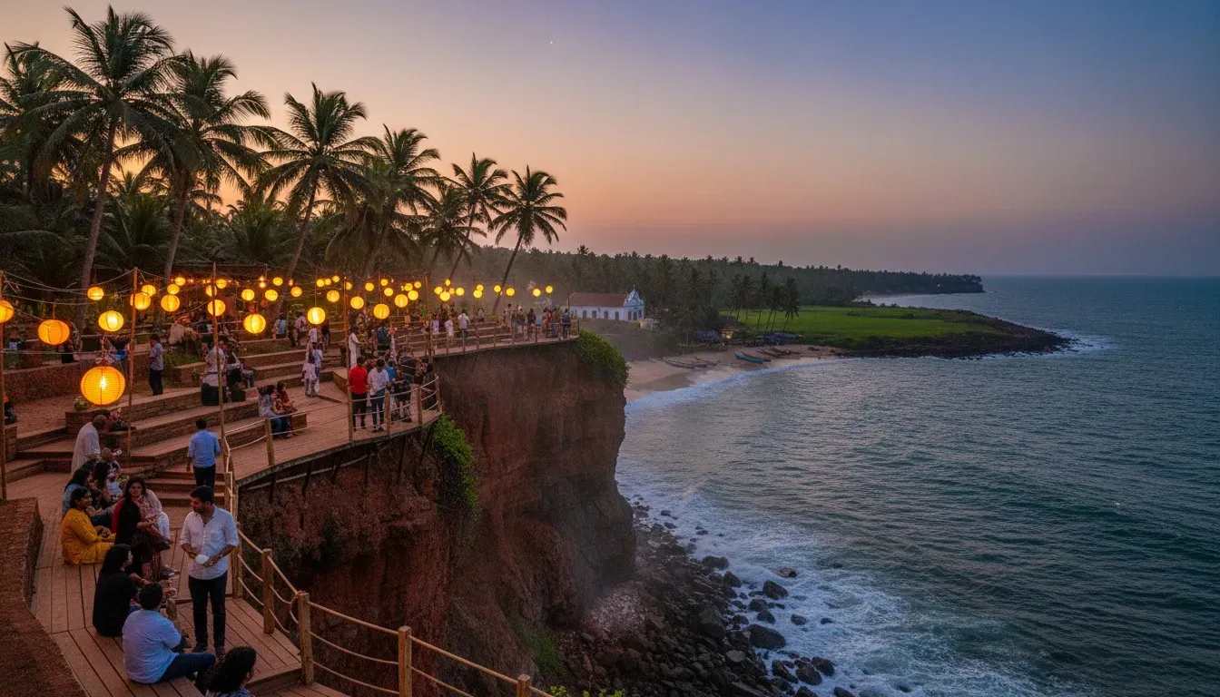 Open-air clifftop venue in Goa with glowing string lights under coconut palms overlooking the Arabian Sea at twilight
