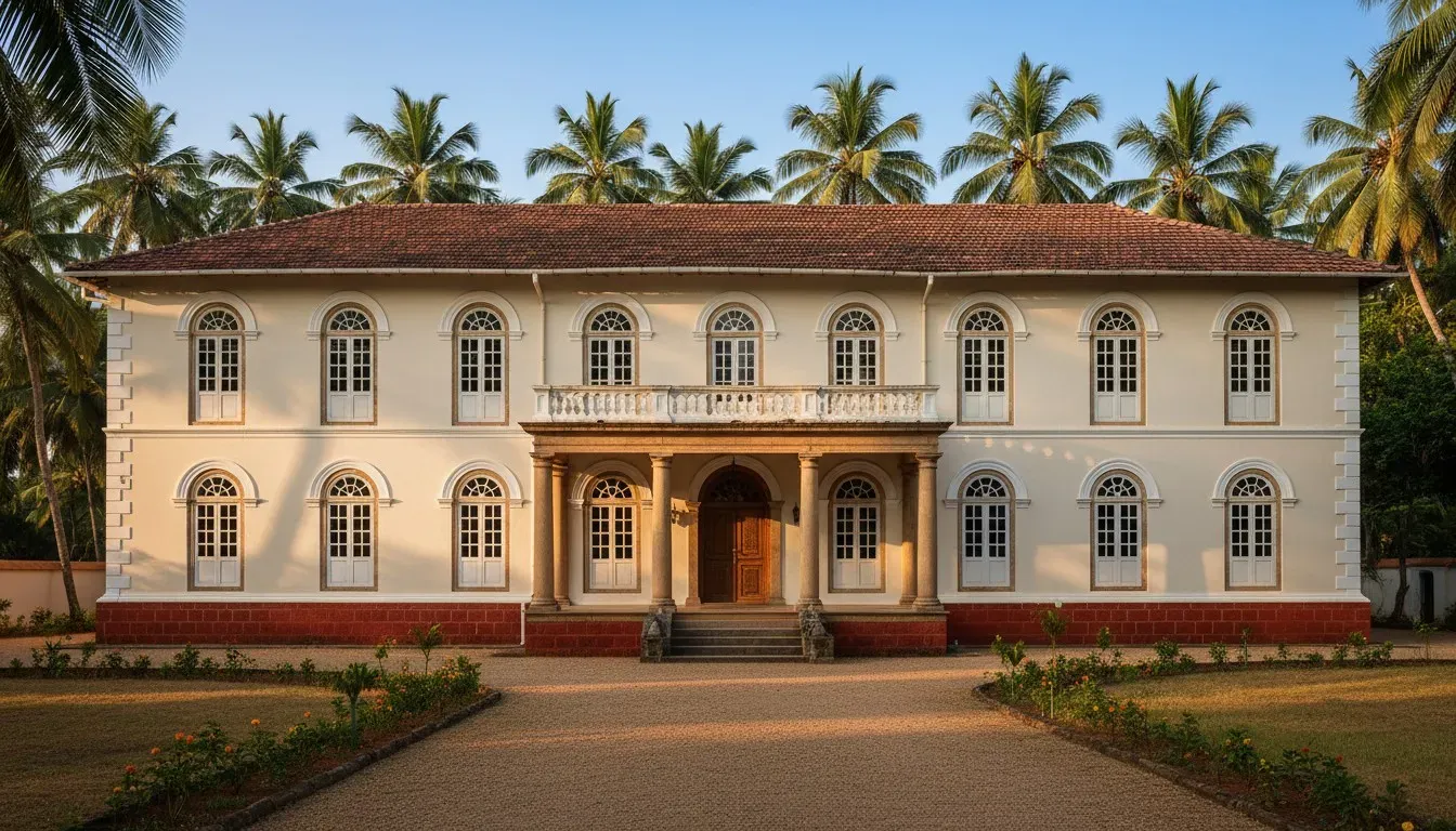 Whitewashed Indo-Portuguese mansion with arched shell-lattice windows and tiled roof behind a garden path